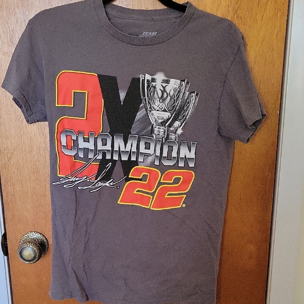 Champion Dark Gray Tee with Red and Yellow Graphics